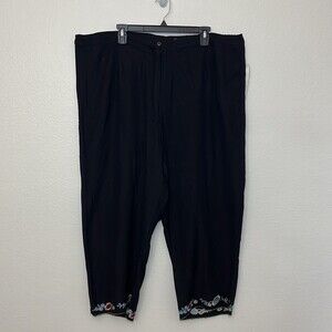 Mlle Gabrielle Womans Crop/capri Linen blend Black pants with embroidered hem 3X